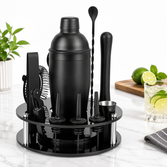 13-Piece Bartender Cocktail Set with Rotatable Stand for Home Bar, Frosted Black