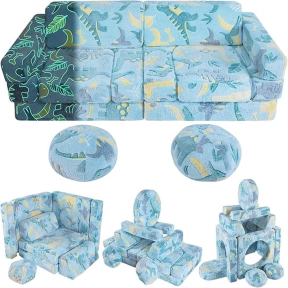 13-Piece Children's Play Sofa, foam modular children's sofa, light-up toddler sofa, convertible baby play sofa, suitable for playrooms and bedrooms.(Blue)
