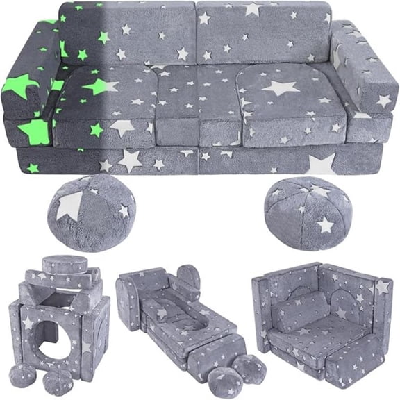 13-Piece Children's Play Sofa, foam modular children's sofa, light-up toddler sofa, convertible baby play sofa, suitable for playrooms and bedrooms.(Grey)