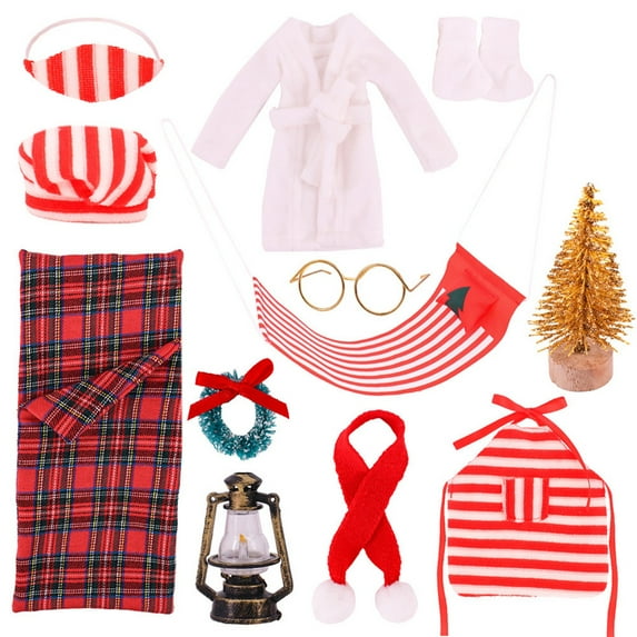 13 Piece Christmas Doll Clothes Set with Sleeping Bag Pajamas Scarf for 11.81 Inch Dolls, Festive Dress Up Accessories and Holiday Costume Outfits