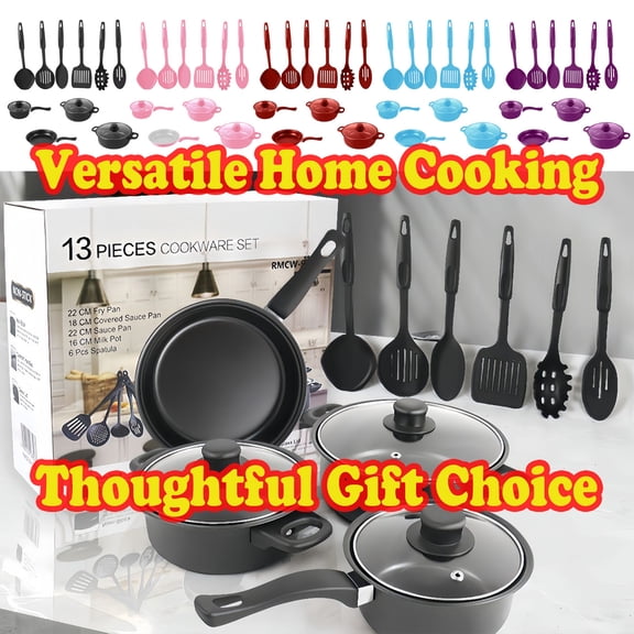 13-Piece Cookware Set, Soup Pot, Milk Pan, Frying Pan, Non-Stick Spatulas, Maifan Stoneware Multi-Piece Kitchen Set for Home Cooking & Meal Prep Akmoler | Black