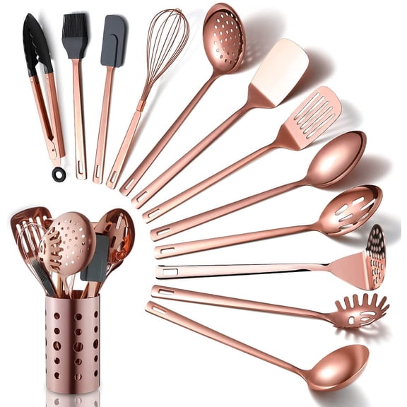 13-Piece Copper Kitchen Utensils Set Stainless Steel Cooking Tools with Titanium Rose Gold Plating and Utensil Holder Dishwasher Safe