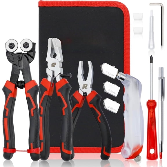 13-Piece Glass Cutting Tool Set, Includes 2-20mm Glass Cutter, 8-inch Tile Nippers, 8-inch Curved Jaw Glass Nippers, 6-inch Glass Breaking Pliers, Suitable for Stained Glass, Tiles and Mirror Cutting