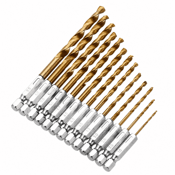 13Piece Hex Shank Titanium Coated Twist Drill Bits Set, High Speed Steel for Wood, Soft Metal & Aluminum