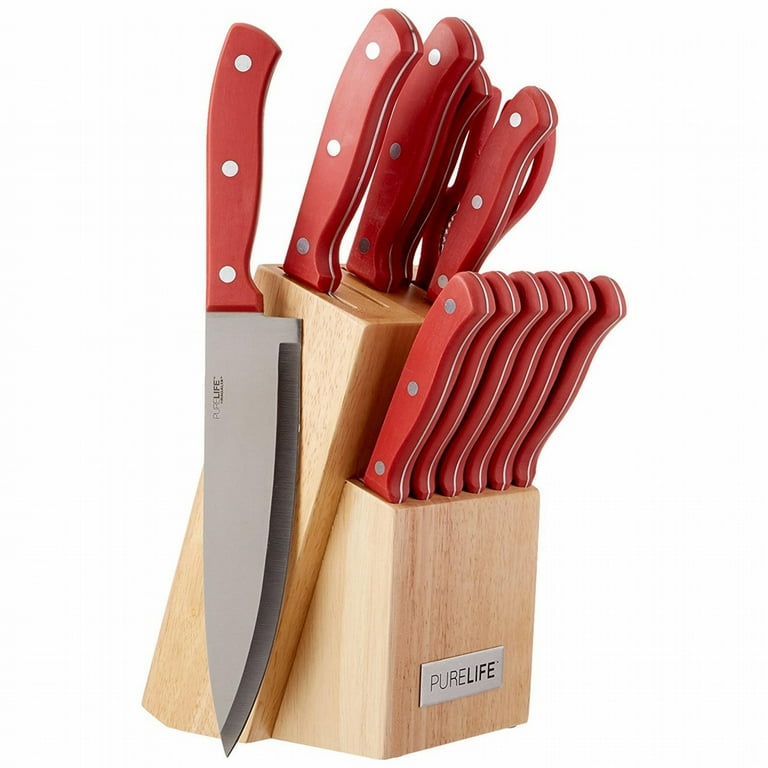 13 Piece Cutlery Wood Block Red Knife & Shear Set - High Carbon Stainless  Steel