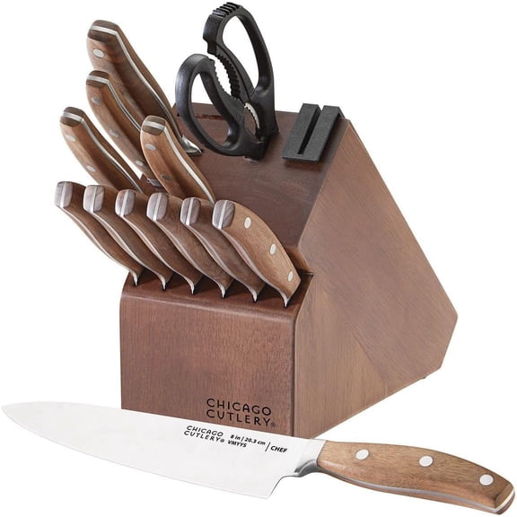 13-Piece Kitchen Knife Block Set With Wooden Block & Built-In Sharpener, Ergonomic Handles and Stainless Steel Professional Chef Knife Set & Scissors in Walnut