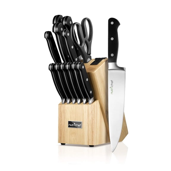 13-Piece Kitchen Knife Set with Wooden Block - Precision Crafted Stainless Steel Knives with Scissors & Built-In Sharpener - Lightweight, Durable, & Razor Sharp - Dishwasher Safe (NCKNS13)
