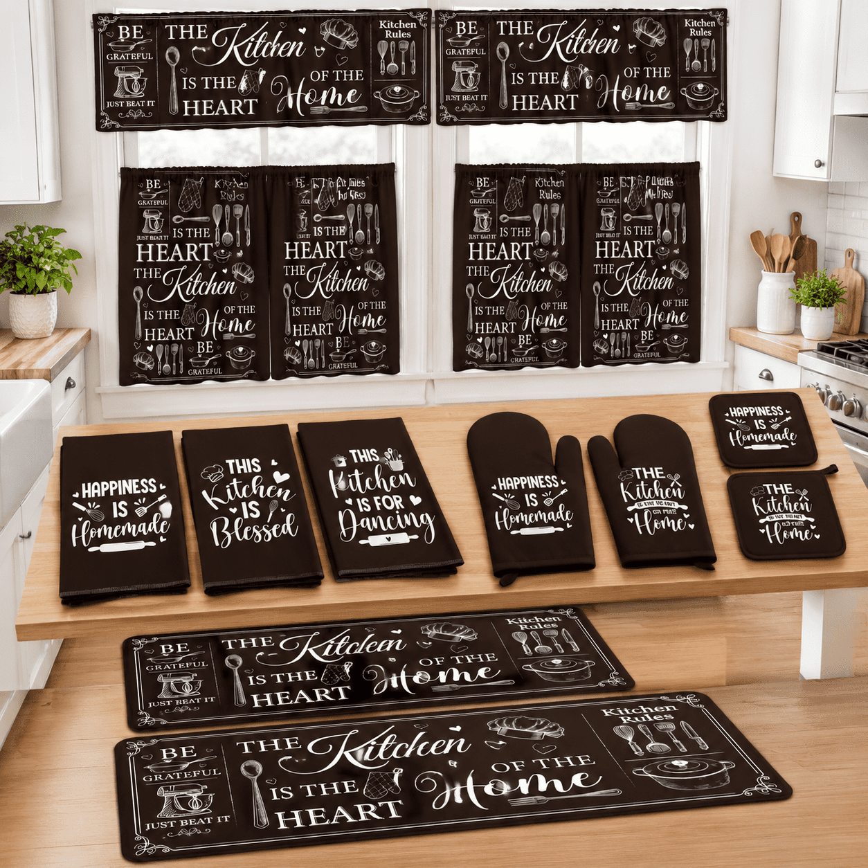 13-Piece Kitchen Linen Accessory Set, Obsidian Black Minimalism ...