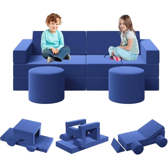 13-Piece Modular Play Couch - Convertible Foam Toddler Sofa Set with Washable Soft Covers, Blue