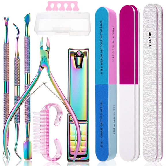 13-Piece Nail Tool Kit – Titanium Cuticle Tools, Nail Files, Buffers, Dust Brush & Storage Box – Home or Salon Use