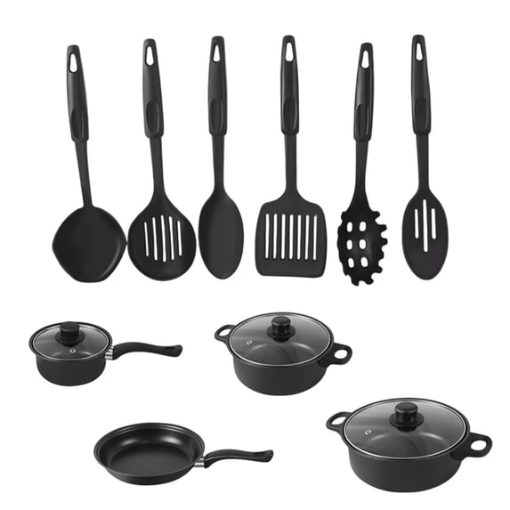 13-Piece Non-Stick Cookware Set - Black Iron Pots & Pans with Glass Lids, Includes Frying Pan, Soup Pot & Milk Pan, Even Heat Distribution (11.8in)