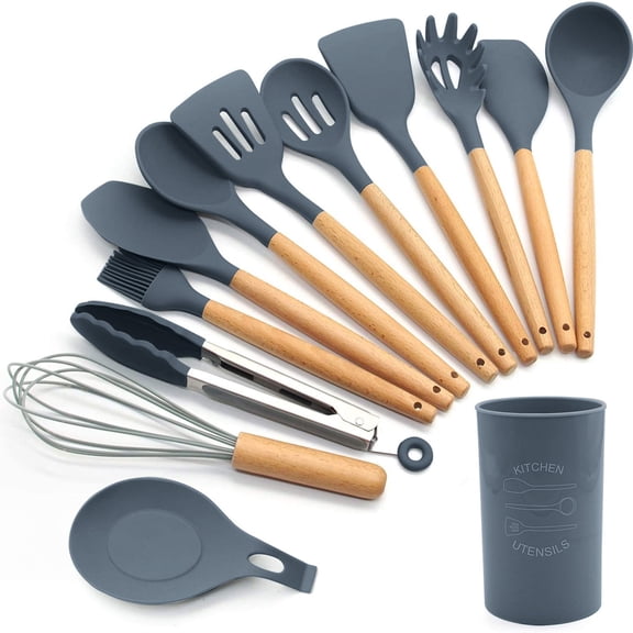 13-Piece Non-Stick Silicone Kitchen Utensil Set with Wooden Handles, Heat-Resistant Up to 230C, BPA-Free Cooking Tools for Frying, Baking, Stirring, Serving, Funny but Useful White Elephant Gift