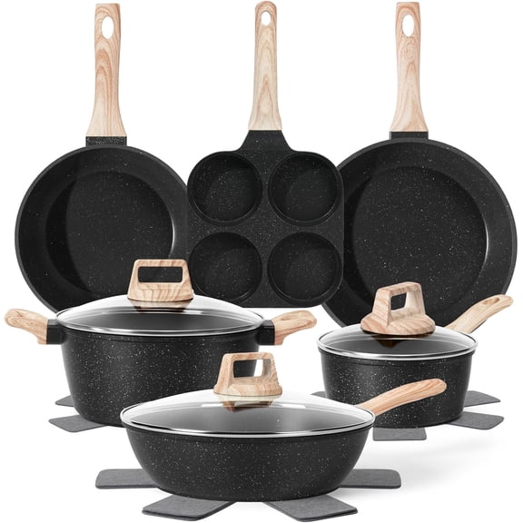 13 Piece Nonstick Granite Cookware Set for Induction Stovetops Black