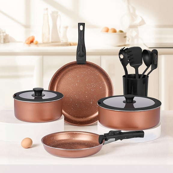 13-Piece Nonstick Kitchen Cookware Set with Removable Handles, Stackable Pots & Pans, Oven Safe Up to 350F, Dishwasher Safe, Non-Toxic RV Cooking Set, Champagne