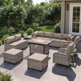 thumbnail image 1 of 13-Piece Outdoor Patio Furniture Set with Rocking Swivel Chair, Wicker Rattan Sectional Sofa Conversation Set with 55,000 BTU Fire Pit Table with Ottomans, Backyard Furniture,Beige, 1 of 8