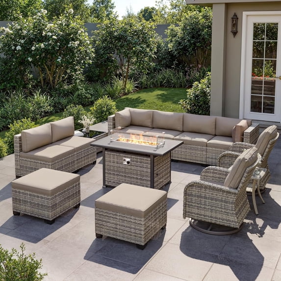 13-Piece Outdoor Patio Furniture Set with Rocking Swivel Chair, Wicker Rattan Sectional Sofa Conversation Set with 55,000 BTU Fire Pit Table with Ottomans, Backyard Furniture,Beige