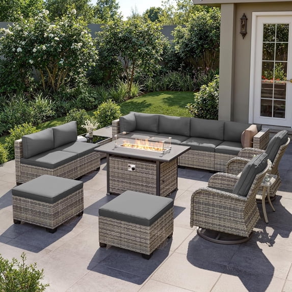 13-Piece Outdoor Patio Furniture Set with Rocking Swivel Chair, Wicker Rattan Sectional Sofa Conversation Set with 55,000 BTU Fire Pit Table with Ottomans, Backyard Furniture,Grey