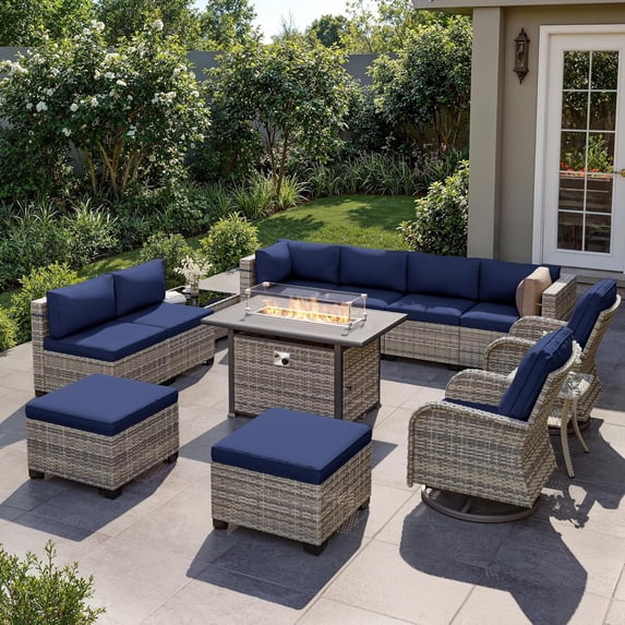 13-Piece Outdoor Patio Furniture Set with Rocking Swivel Chair, Wicker Rattan Sectional Sofa Conversation Set with 55,000 BTU Fire Pit Table with Ottomans, Backyard Furniture,Navy Blue