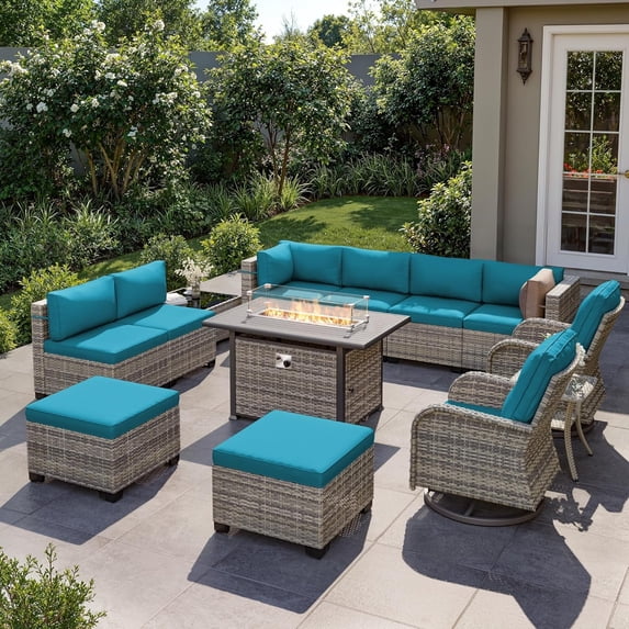 13-Piece Outdoor Patio Furniture Set with Rocking Swivel Chair, Wicker Rattan Sectional Sofa Conversation Set with 55,000 BTU Fire Pit Table with Ottomans, Backyard Furniture,Turquoise