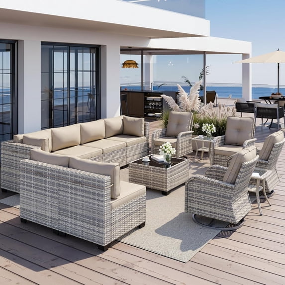 13-Piece Outdoor Patio Furniture Set with Rocking Swivel Chair, Wicker Rattan Sectional Sofa Conversation Set with Tempered Glass Table, Backyard Furniture,Beige