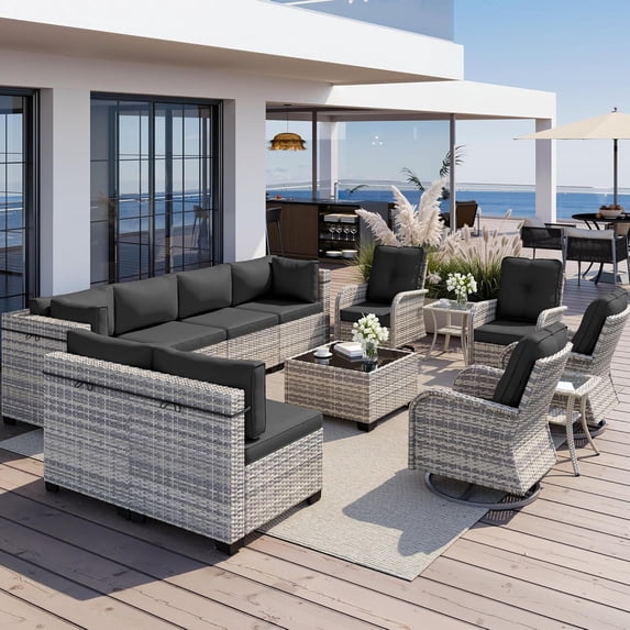 13-Piece Outdoor Patio Furniture Set with Rocking Swivel Chair, Wicker Rattan Sectional Sofa Conversation Set with Tempered Glass Table, Backyard Furniture,Dark Grey