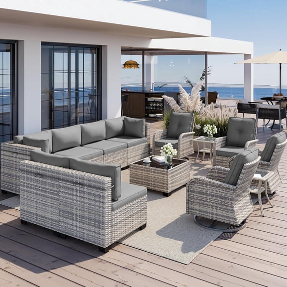 13-Piece Outdoor Patio Furniture Set with Rocking Swivel Chair, Wicker Rattan Sectional Sofa Conversation Set with Tempered Glass Table, Backyard Furniture,Grey