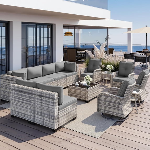 13-Piece Outdoor Patio Furniture Set with Rocking Swivel Chair, Wicker Rattan Sectional Sofa Conversation Set with Tempered Glass Table, Backyard Furniture,Grey