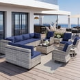 thumbnail image 1 of 13-Piece Outdoor Patio Furniture Set with Rocking Swivel Chair, Wicker Rattan Sectional Sofa Conversation Set with Tempered Glass Table, Backyard Furniture,Navy Blue, 1 of 9