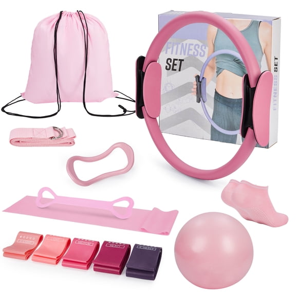 13-Piece Pilates Ring Set for Women – 13 Inch Magic Circle, Resistance Bands & Mini Ball – Full Body Home Fitness Equipment for Beginners – Portable Pilates Accessories – Pink