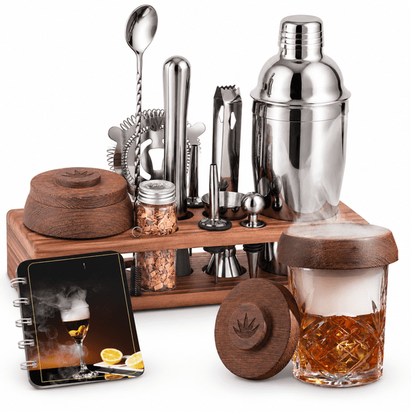 13 Piece Pine Stand Cocktail Shaker Bartender Kit with Wood Base