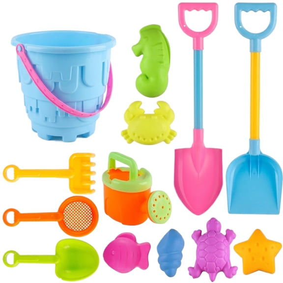 13 Piece Plastic Beach Sand Activity Set, Castle Bucket Watering Can Shovels and Ocean Sand Molds Kit for Outdoor Beach Pool Summer Fun