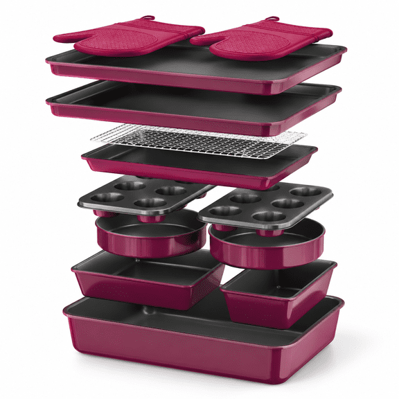 13-Piece Plum Nonstick Bakeware Set, Stackable Baking Pans for Cookies Cakes Roasting