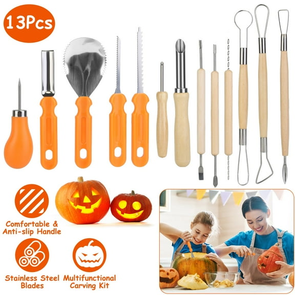 13-Piece Pumpkin Carving Kit - All-in-One Halloween Jack-O-Lantern Tool Set with Scooper Drill Etching Tools Double-Sided Saws  Sculpting Tools  Sturdy Stainless Steel Blades Anti-Slip Wooden Handles