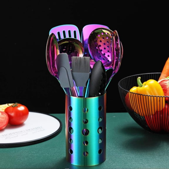 13-Piece Rainbow Stainless Steel Kitchen Utensils Set with Holder for Non-Stick Cookware
