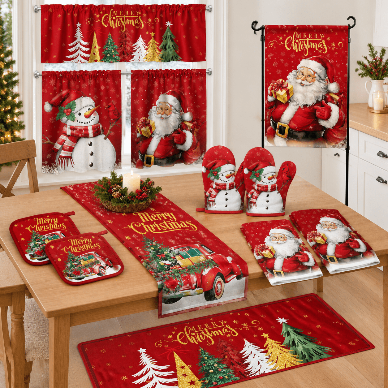 Holiday Kitchen Signs 13 Piece Santa Claus Red Green Kitchen Linen Decor Set for Holiday Use ...