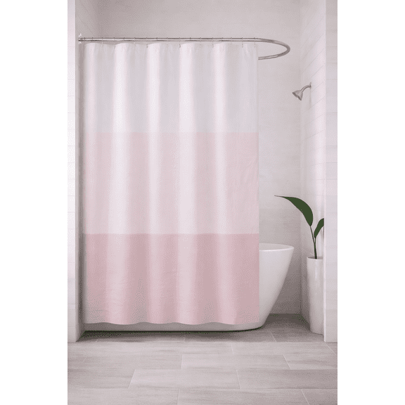 13-Piece Shower Liner Set with 12 Hooks, 72 x 72 Inches, Pink Color Block Design