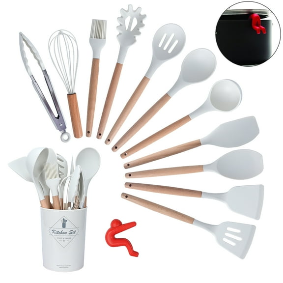 13 Piece Silicone Kitchen Utensil Set Heat Resistant Kitchen Gadgets with Anti Spill Tool (White)