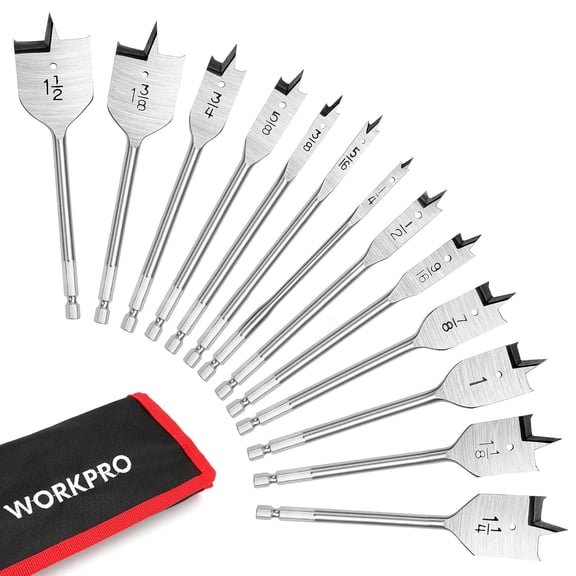 13-Piece Spade Drill Bit Set in SAE, Paddle Flat Bits for Woodworking, Nylon Storage Pouch Included