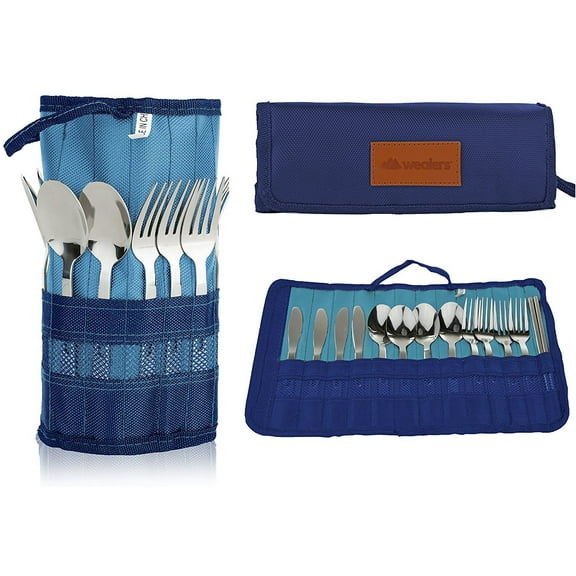 13 Piece Stainless Steel Family Cutlery Picnic Utensil Set with Travel Case for Camping | Hiking | BBQs - Includes Forks | Spoons | Knifes | Chopstick, Plus Nylon Commuter Case