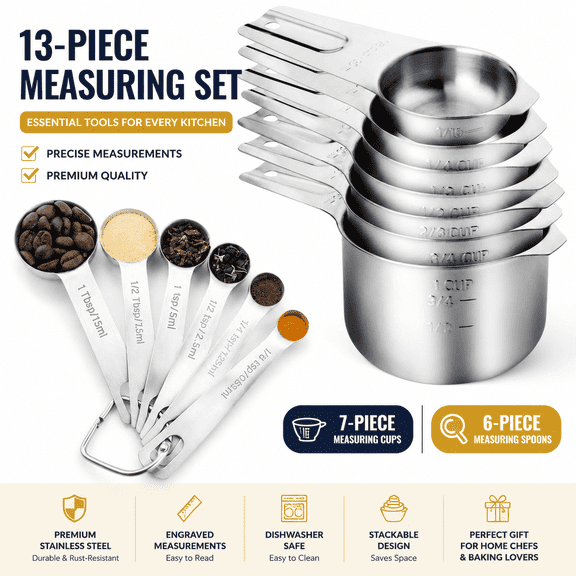 13 Piece Stainless Steel Measuring Cups and Spoons Set, Nested Measuring Tools for Baking, Cooking, Coffee and Kitchen Prep