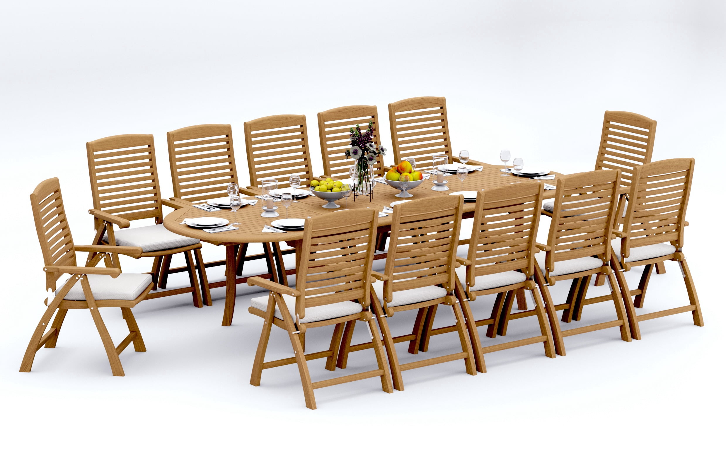 13-Piece Teak Dining Set: 117" Oval Extendable Table + 12 Ashley ...