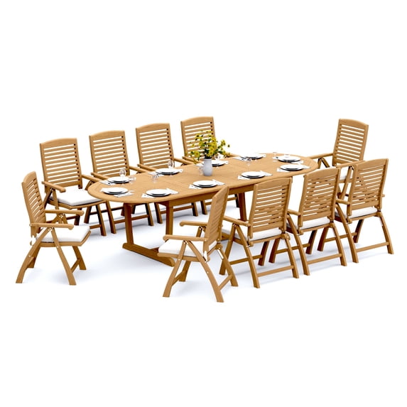 13-Piece Teak Dining Set: 117" Oval Extendable Table + 12 Ashley Folding/Reclining Arm Chairs