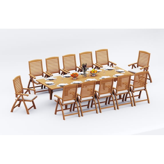 13-Piece Teak Dining Set: 122" Rectangular Extendable Table + 12 Ashley Folding/Reclining Arm Chairs