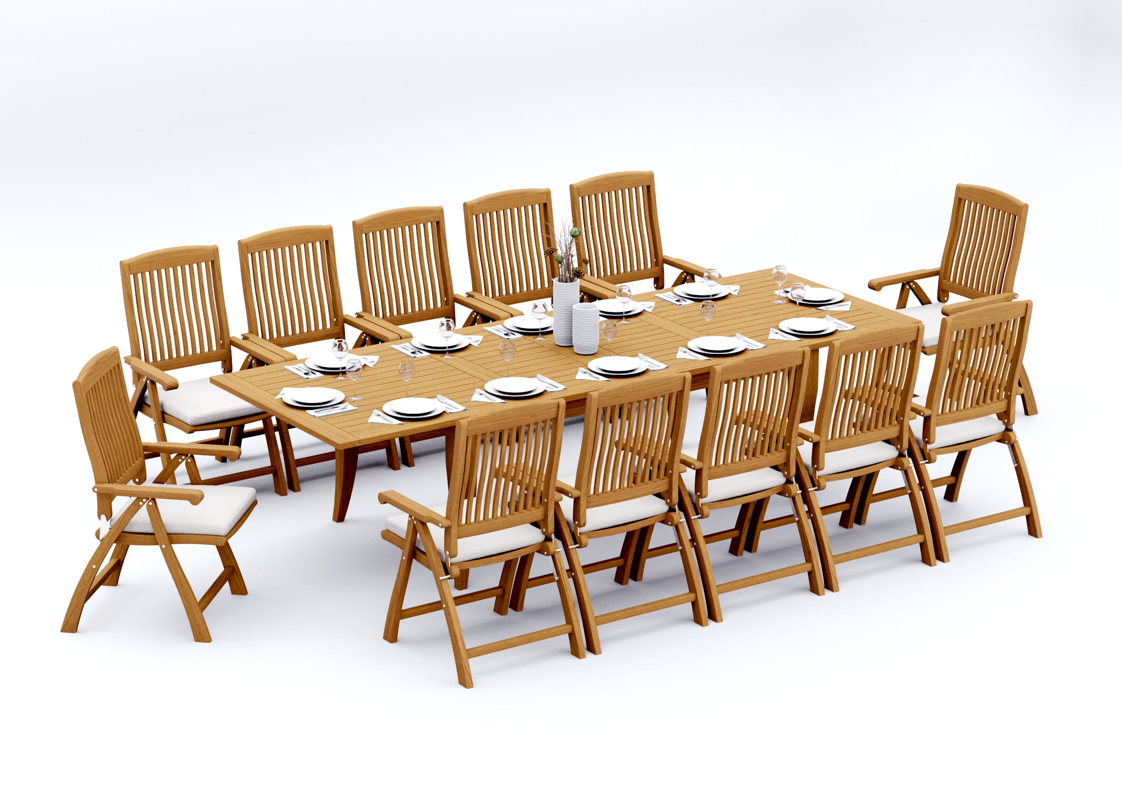 13-Piece Teak Dining Set: 122" Rectangular Extendable Table + 12 Marley ...