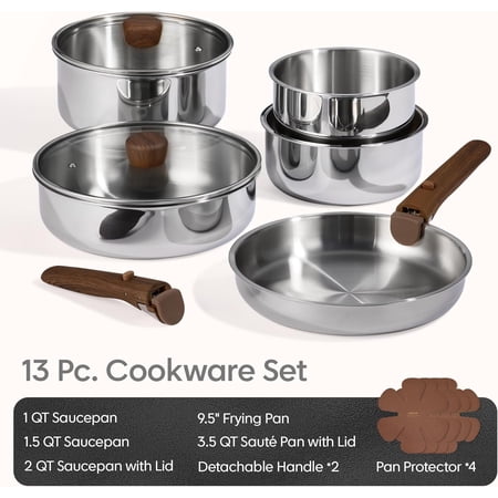 13-Piece Tri-Ply Stainless Steel Cookware Set with Detachable Handle for Induction and Oven Use