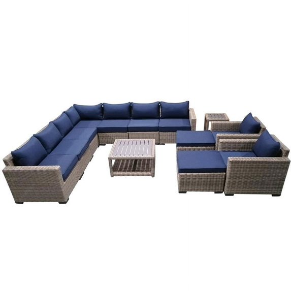 13-Piece Wicker Rattan Outdoor Sectional Set with Blue Cushions and Coffee Table