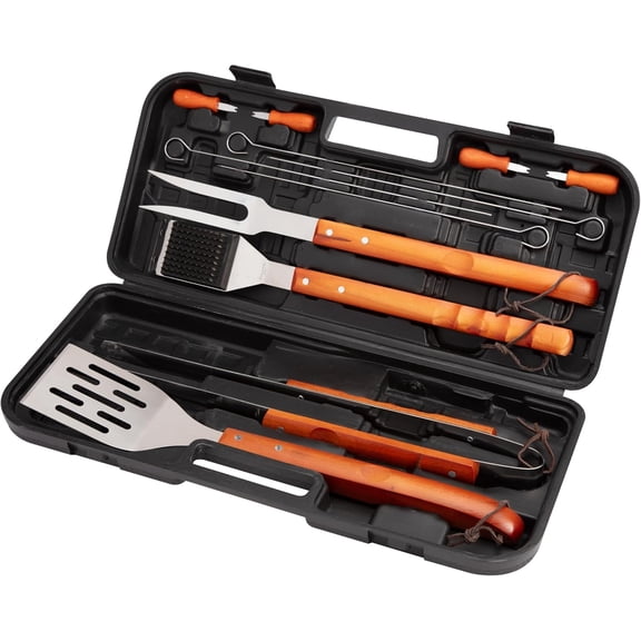 13-Piece Wooden Handle Grill Tools Set, Grill Utensils Set BBQ Accessories, Durable Stainless Steel Spatula, Tongs, Cleaning Brush & More, Compact Case, Grilling Gifts for Men, CGS-W13