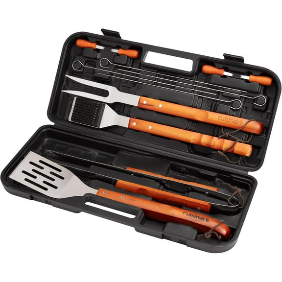 13-Piece Wooden Handle Grill Tools Set, Grill Utensils Set BBQ Accessories, Durable Stainless Steel Spatula, Tongs, Cleaning Brush & More, Compact Case, Grilling Gifts for Men, CGS-W13