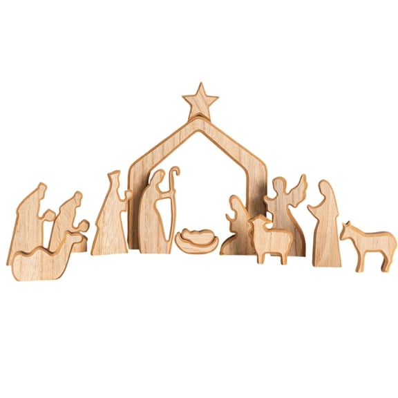 13-Piece Wooden Nativity Scene Set – Minimalist Boho Christmas Manger Decorations, Holy Family Figurines for Indoor Home Mantel Display, Figurines