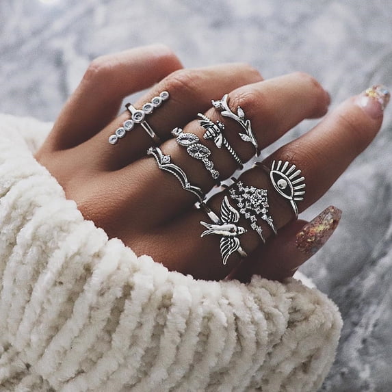 Vintage Geometric Ring Set Alloy Gems Inlay Jewelry
